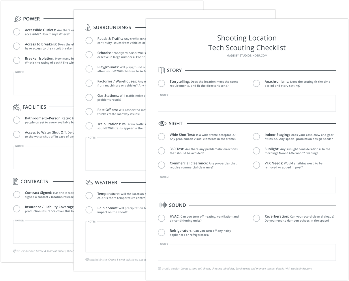 Shooting Location Tech Scouting Checklist - Stacked - StudioBinder Shooting Location Tech Scouting Checklist - Stacked - StudioBinder